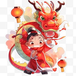 春节新年红色喜庆小孩和龙卡通可