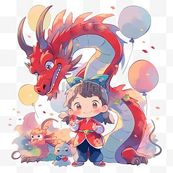 新年插画图片_假日新年小孩和龙卡通可爱新年插