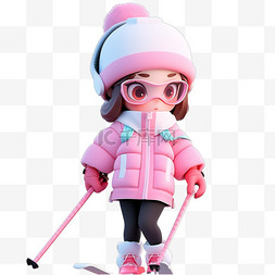 纯色可爱图片_免抠冬天可爱女孩滑雪3d立体元素