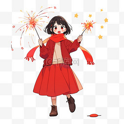 可爱女孩烟花卡通手绘元素迎新年