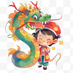 春节假日新年红色喜庆小孩和龙卡