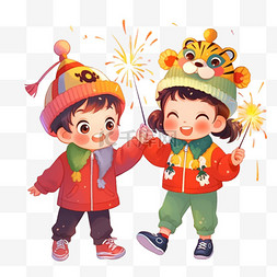 春节虎头帽图片_迎新年可爱孩子卡通手绘烟花元素