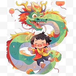 春节放假新年扁平插画小孩和龙卡