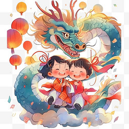春节新年扁平插画小孩和龙卡通可