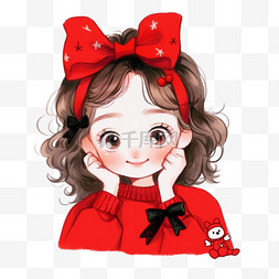 红色花纹背景素材图片_可爱女孩红色卡通手绘新年元素
