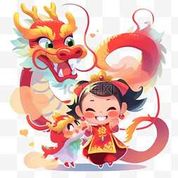 新年过年习俗插画图片_拜年新年春节扁平插画小孩和龙卡