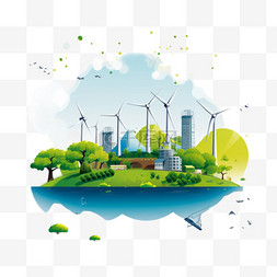 表现图图片_绿色树木、核电站和风车的生态信