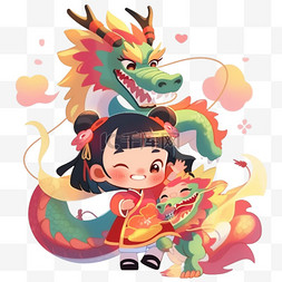 过节新年春节扁平插画小孩和龙卡