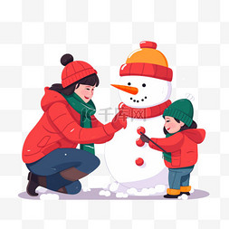 冬天手绘妈妈孩子堆雪人卡通元素