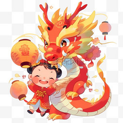 卡通欢度图片_欢度新年春节扁平插画小孩和龙卡