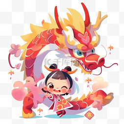 新年过年习俗插画图片_新年假日扁平插画小孩和龙卡通可