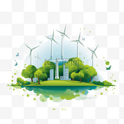 展示绿色图片_绿色树木、核电站和风车的生态信