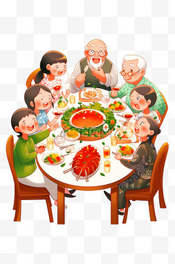 圆菜图片_卡通手绘新年一家人聚餐元素