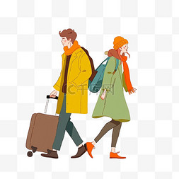 拖着行李箱的情侣图片_冬天情侣旅游手绘元素卡通