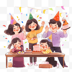 在桌子前图片_卡通新年派对一家人庆祝手绘元素