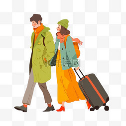 拖着行李箱的情侣图片_卡通冬天情侣旅游手绘元素