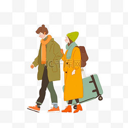 拖着行李箱的情侣图片_冬天情侣旅游卡通手绘元素