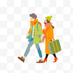 拖着行李箱的情侣图片_冬天卡通情侣旅游手绘元素