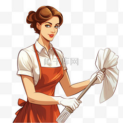 清洁的女人图片_围裙和手套里拿着扫帚的女人做清