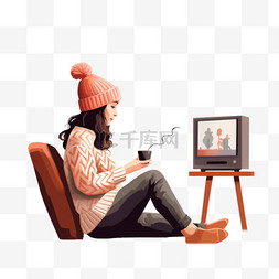 一边看电视一边编织的女人