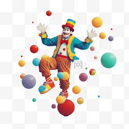 小丑在球上保持平衡并用球玩杂耍