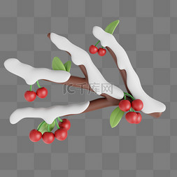 3D冬季果树积雪树枝樱桃免抠素材