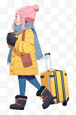 一个拉行李箱图片_女孩行李箱旅游卡通手绘冬天元素