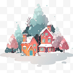 冬天卡通彩色房子雪天手绘插画