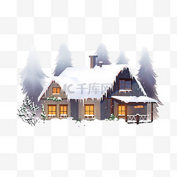 冬天落雪小木屋手绘元素卡通