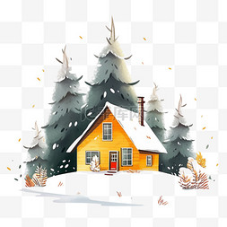 冬天雪天木屋松树卡通手绘元素