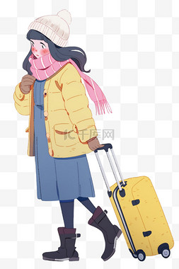 一个拉行李箱图片_冬天女孩手绘行李箱旅游卡通元素