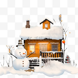 冬天卡通落雪的木屋松树雪人手绘