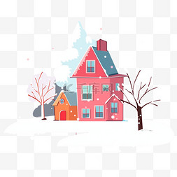 彩色小树图片_彩色冬天房子雪天卡通手绘插画