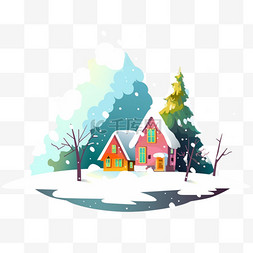 冬天彩色房子雪天卡通手绘插画