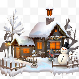 路灯松树图片_冬天落雪的木屋手绘松树雪人卡通