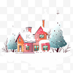 彩色房子雪天卡通手绘冬天插画