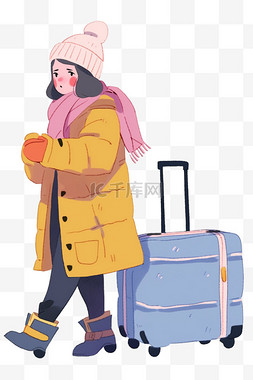 一个拉行李箱图片_冬天女孩行李箱旅游卡通手绘元素