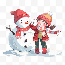 带红色帽子的雪人图片_可爱孩子堆雪人卡通手绘元素冬天
