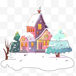 卡通雪小房子图片_卡通冬天彩色房子雪天手绘插画