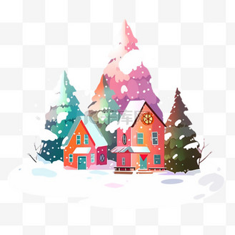 冬天雪天彩色房子卡通手绘插画