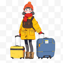 手绘蓝色行李箱图片_卡通冬天元素可爱女孩手绘