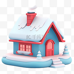 蓝色雪房子图片_3d立体冬天房子免抠元素
