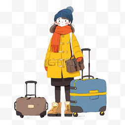 手绘蓝色行李箱图片_可爱女孩卡通手绘冬天元素