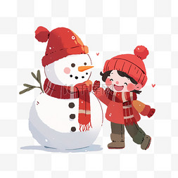带红色帽子的雪人图片_手绘冬天可爱孩子堆雪人卡通元素