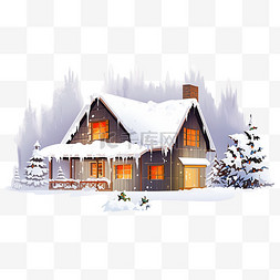大森林中的小木屋图片_冬天小木屋落雪卡通手绘元素