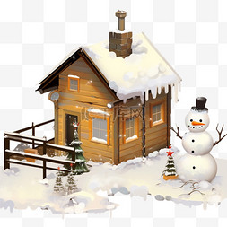 路灯松树图片_落雪的木屋松树雪人卡通手绘冬天