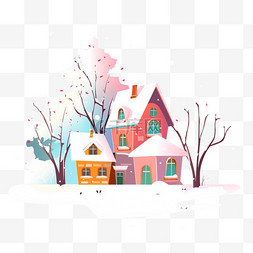 彩色房子雪天卡通冬天手绘插画