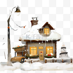 冬天落雪的木屋松树手绘雪人卡通