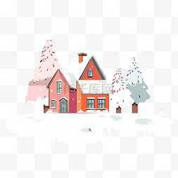 满山小树图片_彩色房子冬天雪天卡通手绘插画