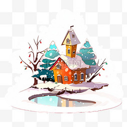 彩色小树图片_手绘冬天彩色房子雪天卡通插画